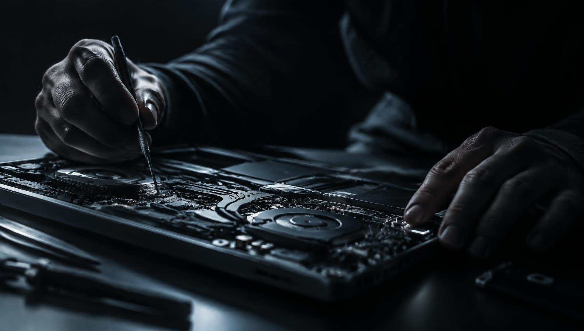 Technician repairing the inside of a laptop